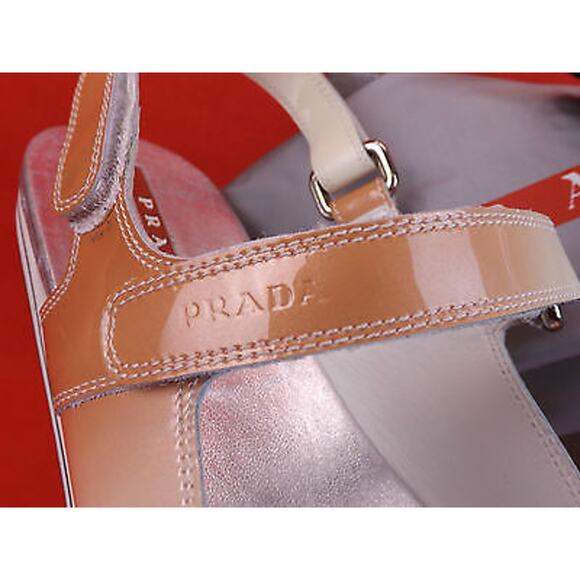 PRADA PATENT OMBRE LEATHER FLATS TWO TONES GLADIATOR LOGO THONG SANDALS 37.5 - Picture 3 of 12